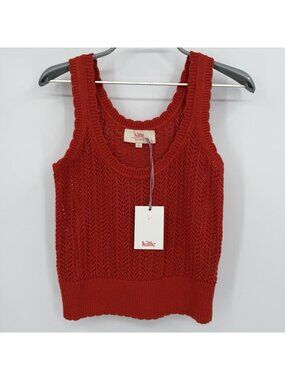 Kilte Collection Hailey Crochet Knit Tank in Cherry Red 0/XS Cotton-Cashmere